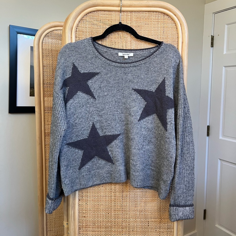 Splendid Grey Star Crew Neck Sweater